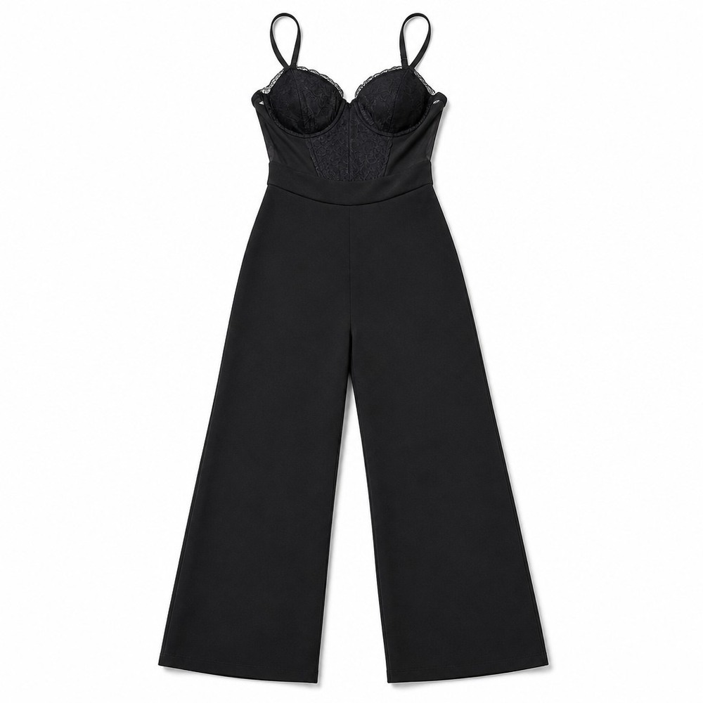 Almost Famous Womens S Black Lace Bodice Wide Leg Jumpsuit‎ Vintage Festival NEW